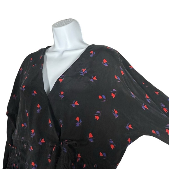 Caron Callahan Mica Black Floral Wrap Blouse Long Sleeve V-Neck Cupro Top Medium - Picture 5 of 10